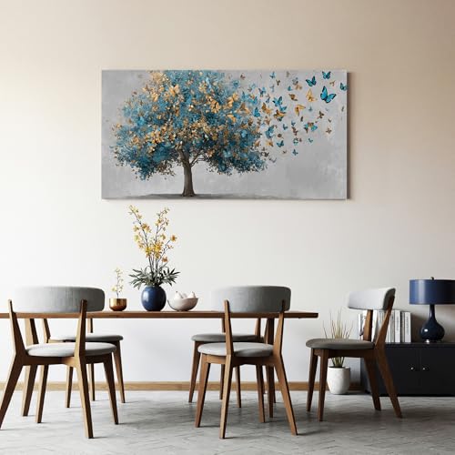 YISXINOAG Blue Gold Tree of Life Wall Art Butterfly Landscape Print 20"X40" - color: grey green, size: 40"L x 20"W