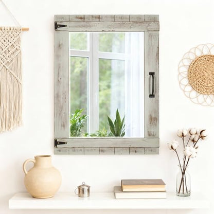 Oakrain Farmhouse Mirror, 24x32 Inch Distressed Gray Wood Frame with Black Metal Hinges, Rustic Wall Mirror for Bathroom, Living Room, Entryway, Bedroom - color: Grey-rectangular