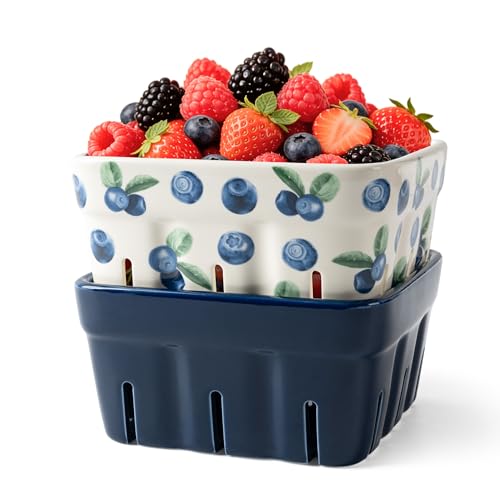 AELS Ceramic Berry Basket, 5.9" Large Size Container for Fruit & Vegetables, Farmhouse Fruit Bowl, Strawberry Decor, Farmers Market, Stoneware Harvest Bowls for Kitchen，Navy and Cute Blueberry - color: Navy and Blueberry