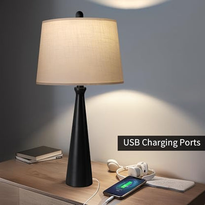 Oneach 25.75" Modern Table Lamp for Bedroom Set of 2, USB C Port, Black - color: Satin Black