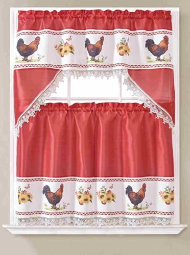 Generic 3-Piece Set Embroidered Window Curtain 2 Panels 1 Valance for Kitchen Restaurant Bar BR (Red BR-35) - color: Red Br-35