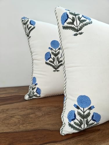 ATOSII Cotton Blockprint Throw Pillow Cover, Poppy Blue, Set of 2, 20 X 20 - color: Poppy Blue, size: 20" x 20" (Pack of 2)