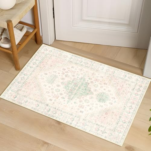 MUJOO Small Rug 2x3 Washable Area Rugs Low Pile Non Slip Pink and Green - color: Pink and Green, size: 2' x 3' (Rectangular)