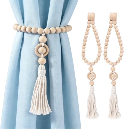Magnetic Wood Bead Curtain Tiebacks Boho Farmhouse