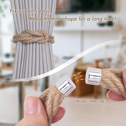 NICEEC 2 Pack Natural Jute Rope Curtain Tiebacks Elegant Boho Style Magnetic Drape Tie Backs Soft Hand-Woven Rope Curtain Holdbacks for Home & Office Drapery (Jute knot-02) - color: Jute Knot-02, size: 2 Pack