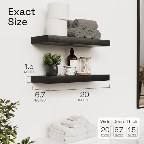 Solid Wood Floating Shelves for Wall 20 Inch Black, Wooden Bathroom Shelf - color: Black, size: 20 Inch