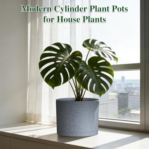 Plant Pots, 10/9/8 Inch 3 Pack Cylindrical Flower Pots with Drainage Holes and Saucers, Plastic Planters for Outdoor Indoor Plants,Grey with White Speckles - color: Grey With White Speckles