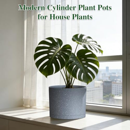 Plant Pots, 10/9/8 Inch 3 Pack Cylindrical Flower Pots with Drainage Holes and Saucers, Plastic Planters for Outdoor Indoor Plants,Grey with White Speckles - color: Grey With White Speckles