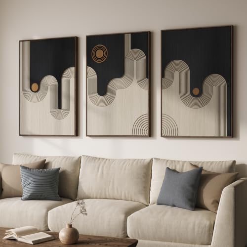 Framed 3D Wood Abstract Geometric Textured Wall Decor Living Room, 24x36 In - color: Black Beige