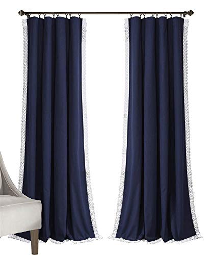 Lush Decor Rosalie Light Filtering Window Curtain Panel Set- Pair- Vintage Farmhouse & French Country Style Curtains - Timeless Dreamy Drape - Romantic Lace Trim - 54" W x 84" L, Navy - color: Navy, size: 54"W x 84"L (Pack of 2), style: Window Panel