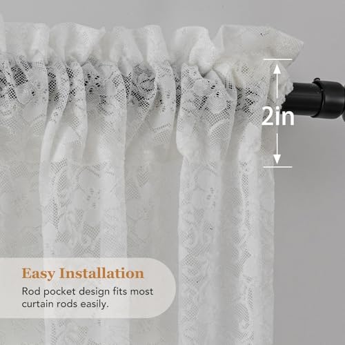 PearAge Lace Sheer White Curtains for Living Room, 63 Inch Length, Elegant Lace-Style Voile Drapes for Bedroom, Kitchen or Dining Room, 42W x 63L Inch, 2 Panels White - color: White