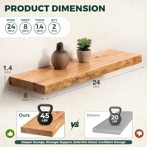 24in Live Edge Solid Elm Floating Shelves, Natural, Set of 2 - color: Natural Color, size: Live Edge 24 inch, 2Packs