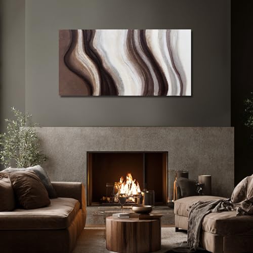 Hue7Art Modern Abstract Flowing Line Canvas Wall Art Living Room 24x48 - color: Brown and Cream, size: 24x48