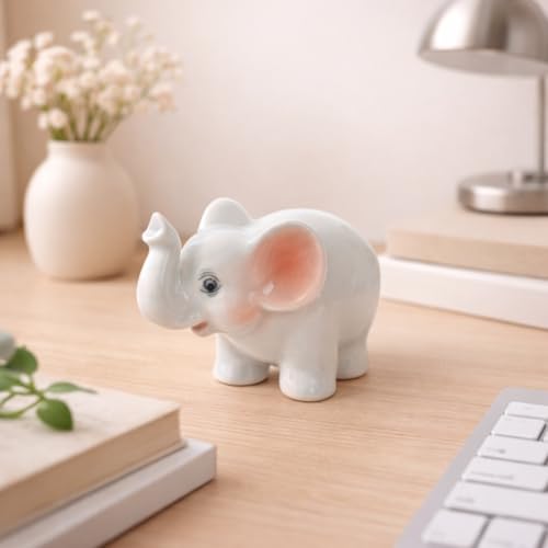 Mini Ceramic Elephant Figurine, Cute White Elephant Statue with Pink Ears, Small Animal Collectible for Desk, Shelf, and Home Decor, Gift for Elephant Lovers
