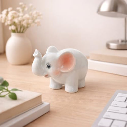 Mini Ceramic Elephant Figurine, Cute White Elephant Statue with Pink Ears, Small Animal Collectible for Desk, Shelf, and Home Decor, Gift for Elephant Lovers