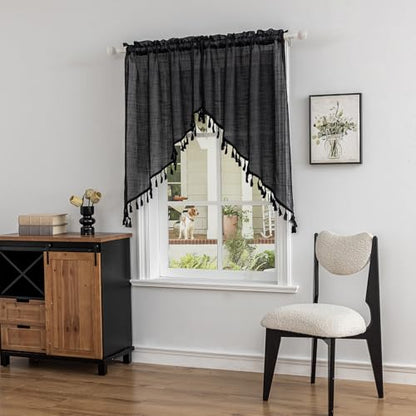 Beda Home Tassel Linen Textured Swag Curtain Valance, Black, 36 x 45 in - color: Black, size: 36"W x 45"L (Pack of 1)