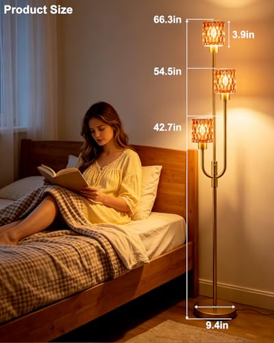 66IN Glass Floor Lamp 3-Light Modern Red Glass Gold Dimmable Floor Lamps - color: Deep Red Cylinder-Gold