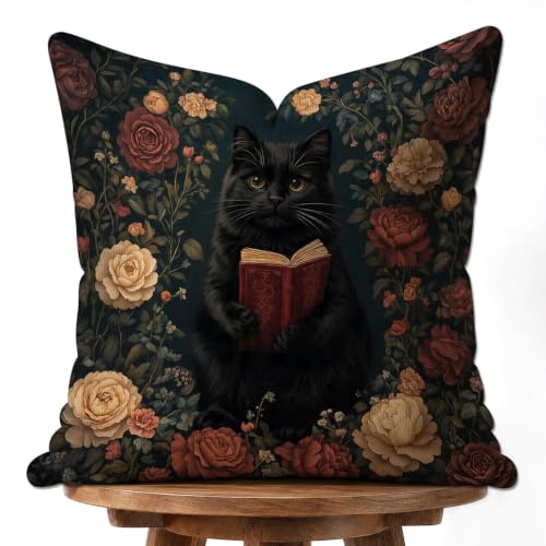 OUZ Vintage Reading Cat Whimsical Throw Pillow Cover,Decorative Pillowcase - color: Brown-cat02