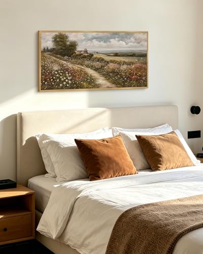 KUVIOKE Vintage Landscape Framed Wall Art 20x40in Large Countryside Meadow Wildflower Field Wall Prints Classic Retro Farmhouse Rustic Decorations for Living Room Bedroom (Natural Framed) - color: Countryside Flowers, size: 40"L x 20"W