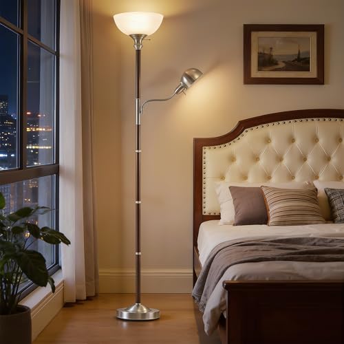 EJIAXIN 72" Wood Torchiere Floor Lamp with Glass Shade Walnut Standing Lamp - color: Dark Walnut