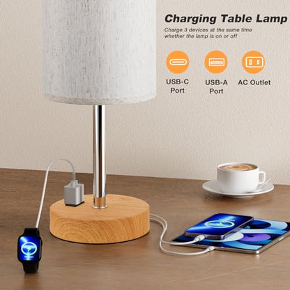 Fenmzee 17.4" Bedside Lamp for Bedroom - Dimmable Touch, USB A+C, AC Outlet - color: Cream Shade-Wood Base, size: 17.4"