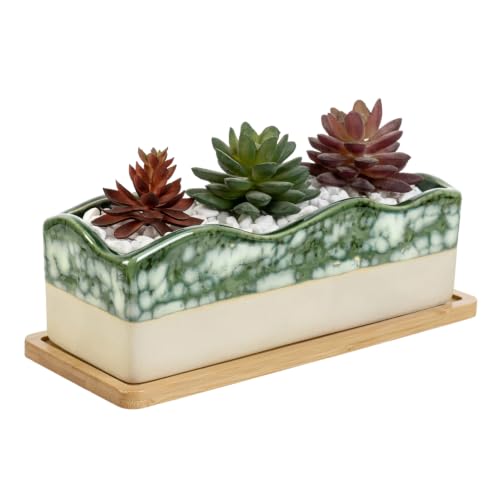 MyGift Beige Green Ceramic Glazed Rectangular Succulent Planter Pot - size: 10 Inch