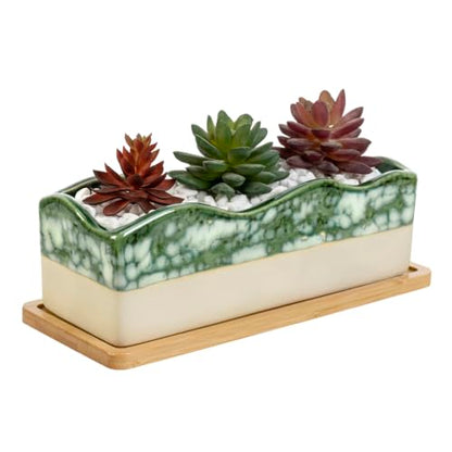 MyGift Beige Green Ceramic Glazed Rectangular Succulent Planter Pot - size: 10 Inch