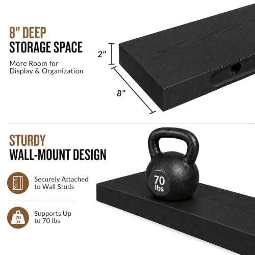 Rusitc Floating Shelves 48 inch Long 8 "deep Set of 2, Heavy Duty Wood Wall Mounted Shelves for Bathroom Living Room Kitchen,Book Shelves with Thickened Hidden Bracket-Black - color: Black, size: 48'' x 8''x 2''(set of 2）