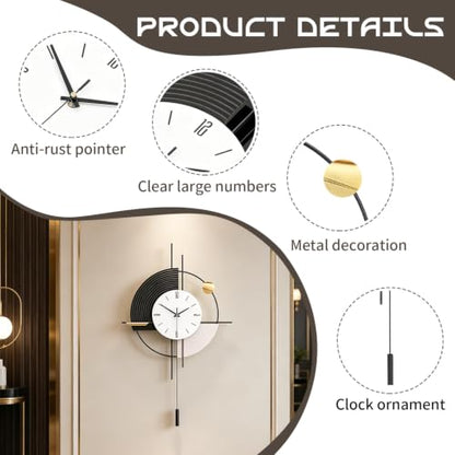 Large Black Modern Wall Clock with Pendulum Silent Battery Operated | MDF&metal material, quartz movement (<20dB), large black Arabic numerals, easy mount. Ideal for living room kitchen bedroom - size: 17.7x31in