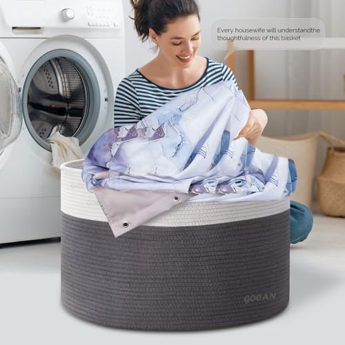 Cotton Rope Woven Laundry Basket 22"X 22"X 14" with handles(Grey/Beige)XXXL - color: Grey/Beige