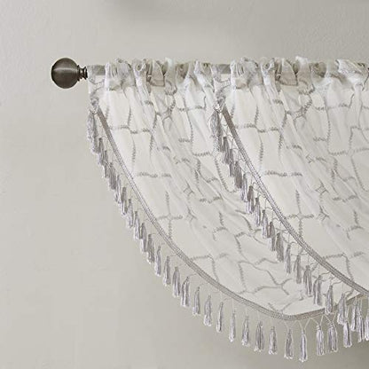 Madison Park Diamond Embroidered Sheer Ascot Valance, 38x46 White/Grey - color: White/Grey, size: 38"W x 46"L (Pack of 1)