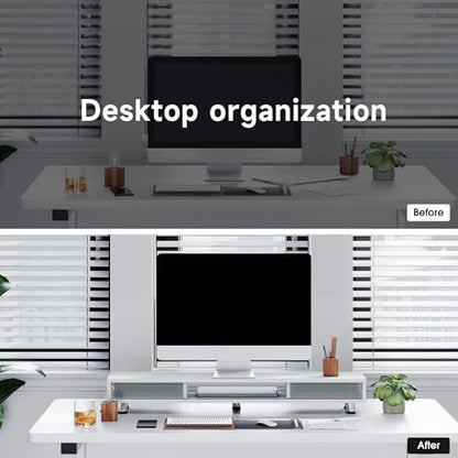 Fenge Dual Monitor Stand with Storage, Desk Shelf with Glass Sliding Door - color: White