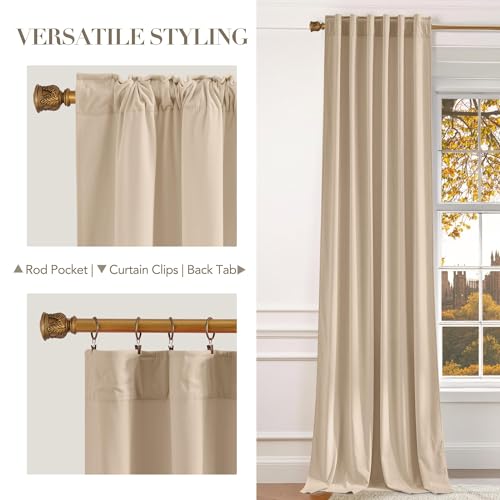NICETOWN Beige Velvet Curtains 102 inch Long, 52" W x 102" L, 2 Panels - color: Beige, size: 52"W x 102"L (Pack of 2)