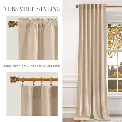 NICETOWN Beige Velvet Curtains 102 inch Long, 52" W x 102" L, 2 Panels - color: Beige, size: 52"W x 102"L (Pack of 2)
