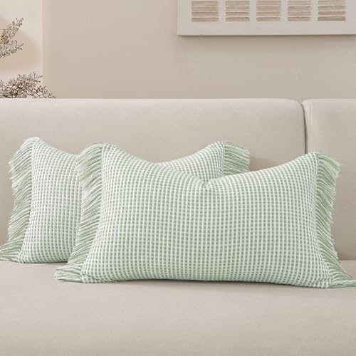 Boho Throw Pillow Covers Set of 2 Handmade Soft Striped Fringe Pillow Cover Farmhouse Cushion Covers with Elegant Tassel Decorative Pillowcase for Sofa Bed (Soft Mint Green, 20" x 12" (Pack of 2)) - color: Soft Mint Green, size: 20" x 12" (Pack of 2)