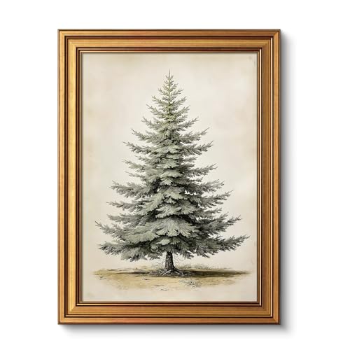 VIYYIEA Gold Framed Canvas Art, Vintage Christmas Tree Decor, 12x16Inch, Winter Retro Pine Picture Painting Gifts, xmas Decorations for Bedroom Living Room Shelf Fireplace - color: Pine Tree, size: 16"L x 12"W