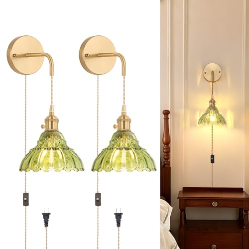 Shenmoyl Vintage Plug in wall sconces Set of 2, 4.9FT Corded Wall Lamps with Green Lily of The Glass Shade Hanging, Green sconces wall Decor for Bedroom Living Room Hallway Doorway - color: Lily of the Valley-Green, size: 2Pack-Plug in