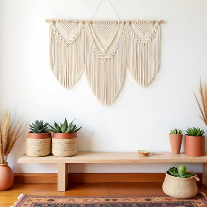 guzhiou Large Macrame Wall Hanging, Boho Woven Tapestry Decor Art, 43"x32" - color: Beige-Triangle