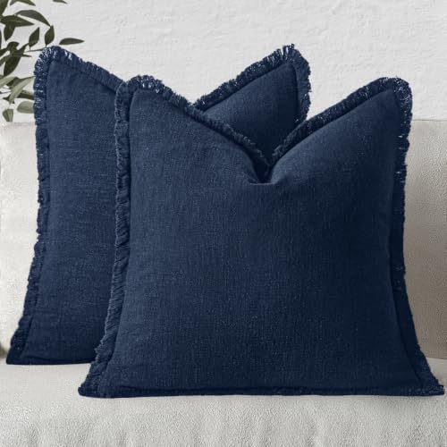 MIULEE Boho Linen Fringe Decorative Throw Pillow Covers Dark Navy 16x16 - color: Dark Navy, size: 16" x 16" (Pack of 2)