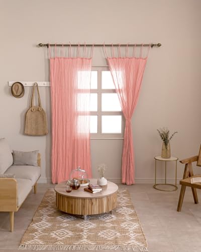 TARAN LIVING Sheer Crinkle Curtain Panel Set of 2, 100% Washable Cotton Window Treatment Rod Pocket Curtain Panels for Kitchen, Bedroom and Living Room (Salmon Pink, Long Door (40"x96")) - color: Salmon Pink