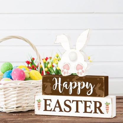 Happy Easter Bunny Table Sign Decorations, Easter Wooden Block Tabletop Centerpiece Signs, Rustic Farmhouse Spring Bunny Holiday Decorations for Tiered Tray Home Decor 3 Layered