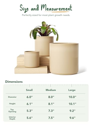 LE TAUCI 10+8+6 Inch Ceramic Pots for Plants, Indoor Planters with Drainage Hole and Plug, Modern Cylinder Flower Pots Set of 3 for Living Room and Bedroom, Glossy, Sand Beige - color: Sand Beige