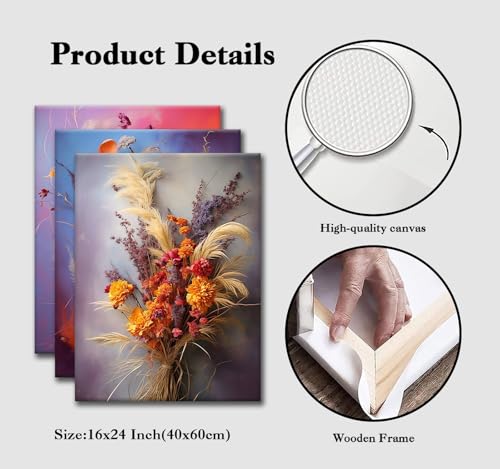 CHTEXA Boho Dried Flower Canvas Wall Art, 3 Piece Gallery Wrapped, 16x24 - color: Dark flowers and grasses-5, size: 16x24inch