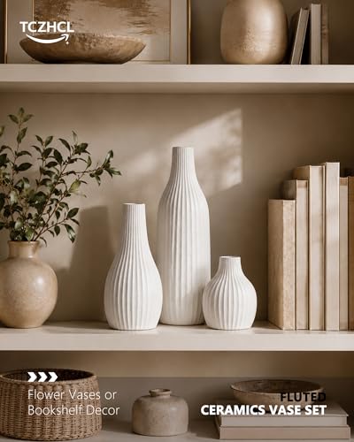 Minimal Line White Ceramic Vase Set of 3, Matte Decorative Flower Vases - color: White