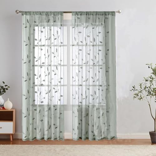 Elegant Sheer Curtains with Embroidered Leaf Design Spring Floral Curtains for Bedroom Light Filtering Rod Pocket Window Treatments Decor 2 Panels (Sage Green, 52inch*84inch) - color: Sage Green, size: 52"W x 84"L