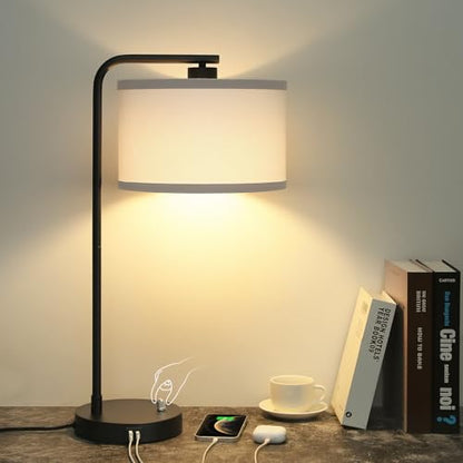 Seaside village Table Lamp for Bedroom with USB C+A Ports, Fully Stepless Dimmable Farmhouse Bedside Lamp Nightstand Light, Tall Reading Desk Lamp for Living Room, Office, 9W LED Bulb Included - color: Black Base with White Shade