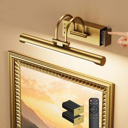 Wireless Rechargeable Picture Light with Remote, 12.6″ Battery Operated Art Gallery Wall Light, Dual 5000mAh Batteries, Dimmable with Timer, Adjustable Design, Electroplated Gold Finish - color: Battery Operated-Brass, size: 12.6 Inch