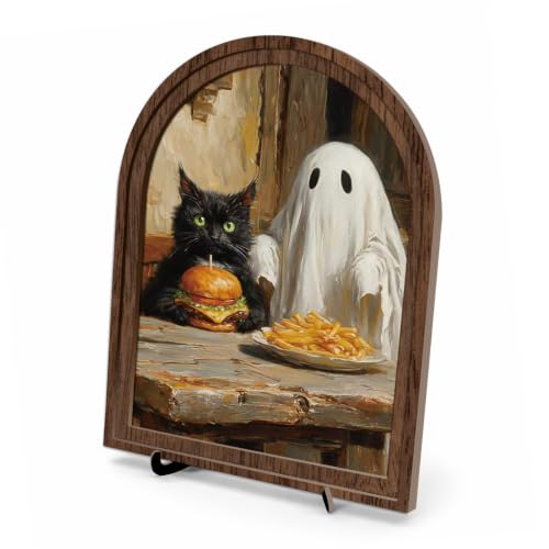 Halloween Burger Ghost Arched Wood Frame Decor, Black Cat Funny Wall Art - color: Color 22