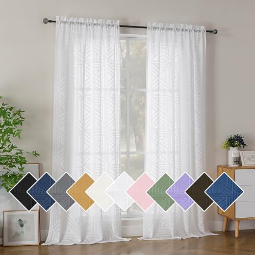 Simplebrand Semi Sheer White Curtains 96 Inches Long 2 Panels, Light Filtering Geometric Jacquard Clip Textured Sheer Curtains for Living Roon，Modern Elegant Window Curtains Drapes，42x96 inch - color: White, size: 42"W x 96"L (Pack of 2)