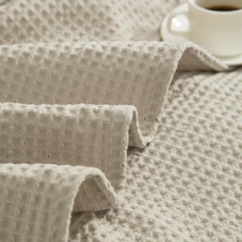 PHF 100% Cotton Waffle Blanket Lightweight Breathable, Twin, Linen/Stone - color: Linen/Stone, size: Twin(66" x 90")